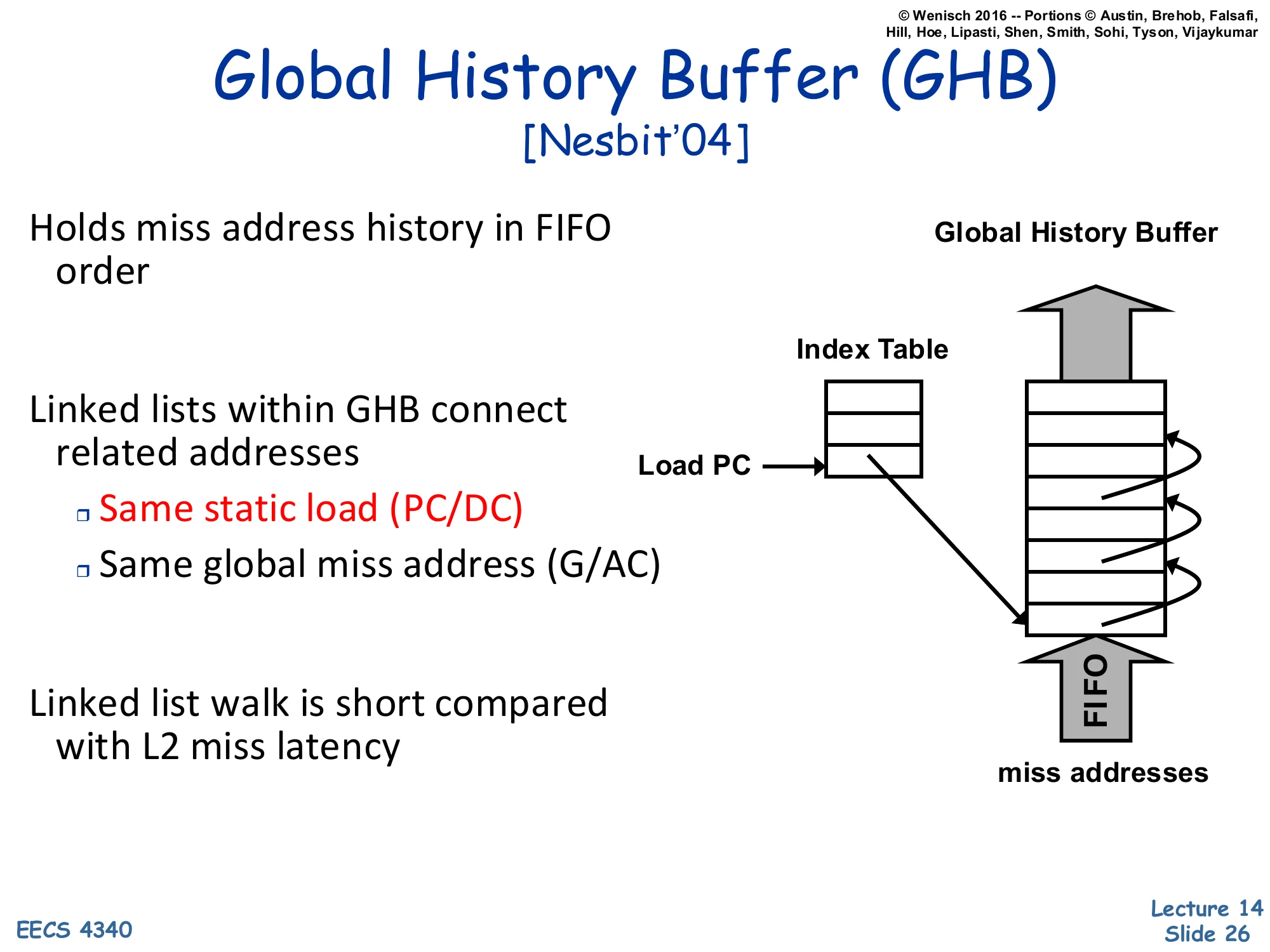 Global History Buffer (GHB) [Nesbit'04] (slide 26)